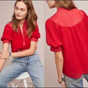 Anthropologie Maeve Red Puff Sleeve Button Blouse